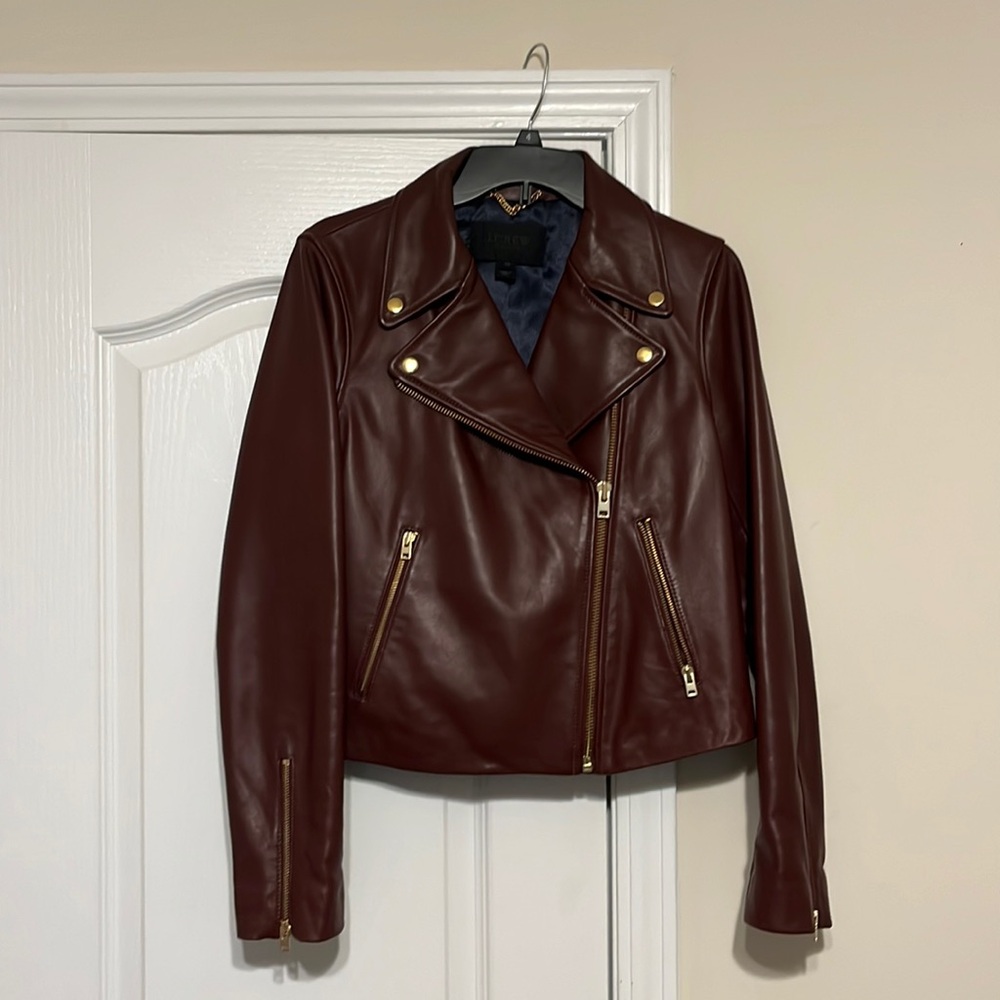 J. Crew Deep Burgundy Leather Moto Jacket with Gold Hardware